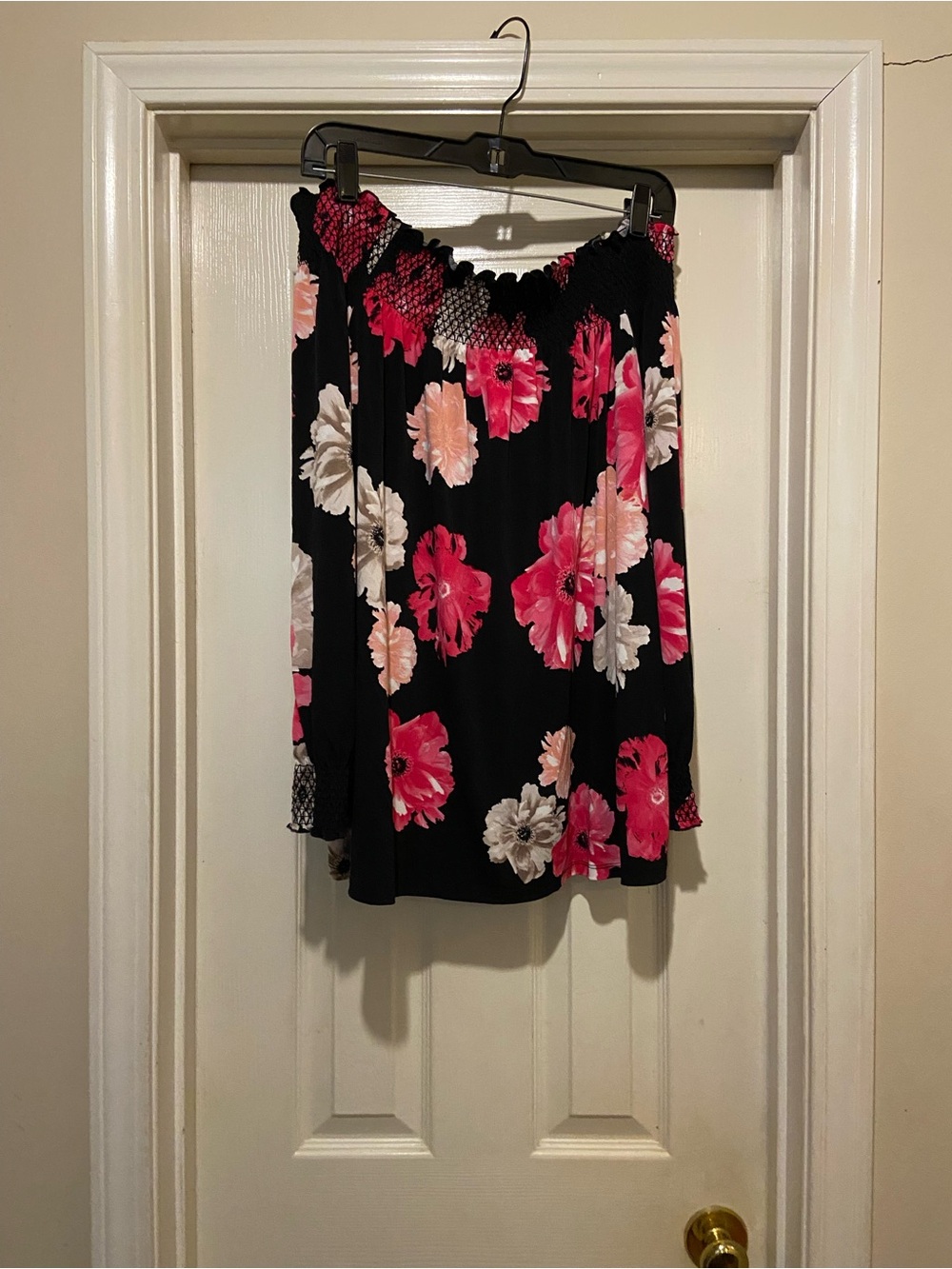 Calvin Klein Black Off-Shoulder Blouse with Pink and Cream Floral Print